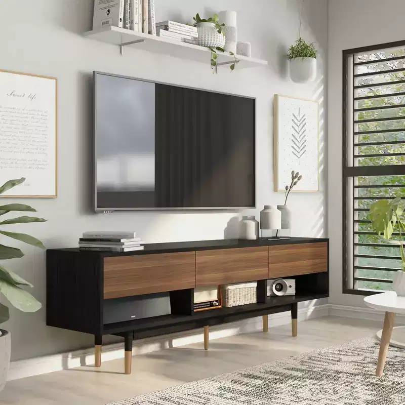 24/7 Shop At Home Vanore Mid-Century 3 Drawer TV Stand for TVs up to 80" Black: Entertainment Center with Open Shelves