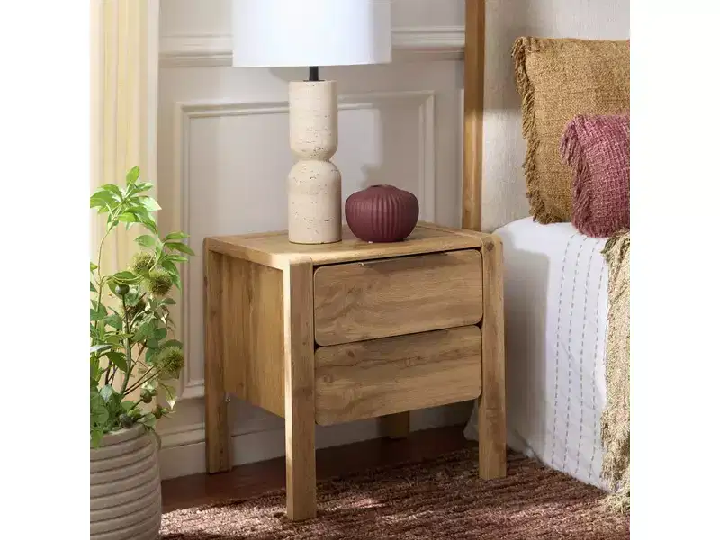 2 Drawer Nightstand - Oak/Brass, MDF, 19.7x19.7x15.7 Inch