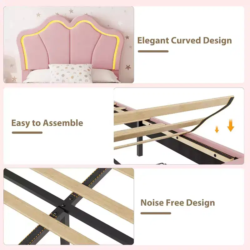 Twin Bed Frame with Drawer and LED Lights, Velvet Upholstered Platform Bed with Petal-Shaped Headboard, Sturdy for Kids Girls, No Box Spring Needed