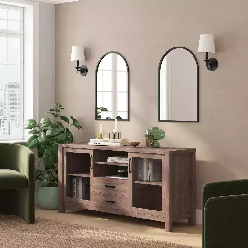 Engineered Wood Buffet Sideboard with Tempered Glass Doors, 2 Drawers & Open Shelf