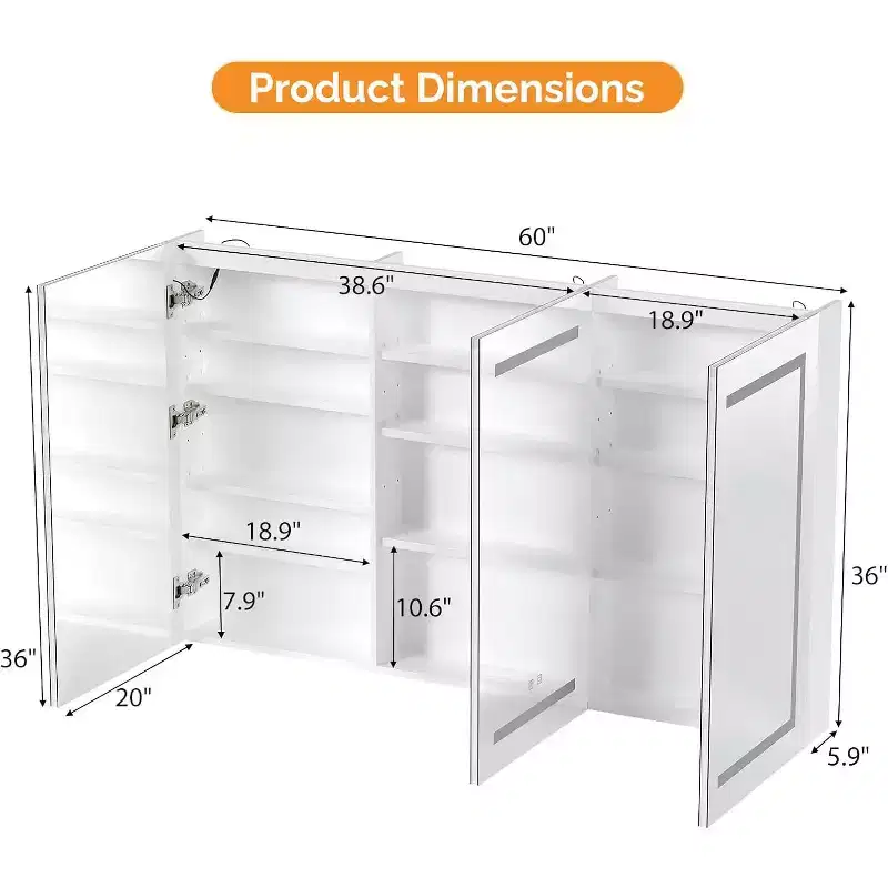 60 x 36 Inch Extra Large Lighted Bathroom Medicine Cabinet with Mirror, Large 3-Door Wall Mounted Bathroom Medicine Cabinet with Lights