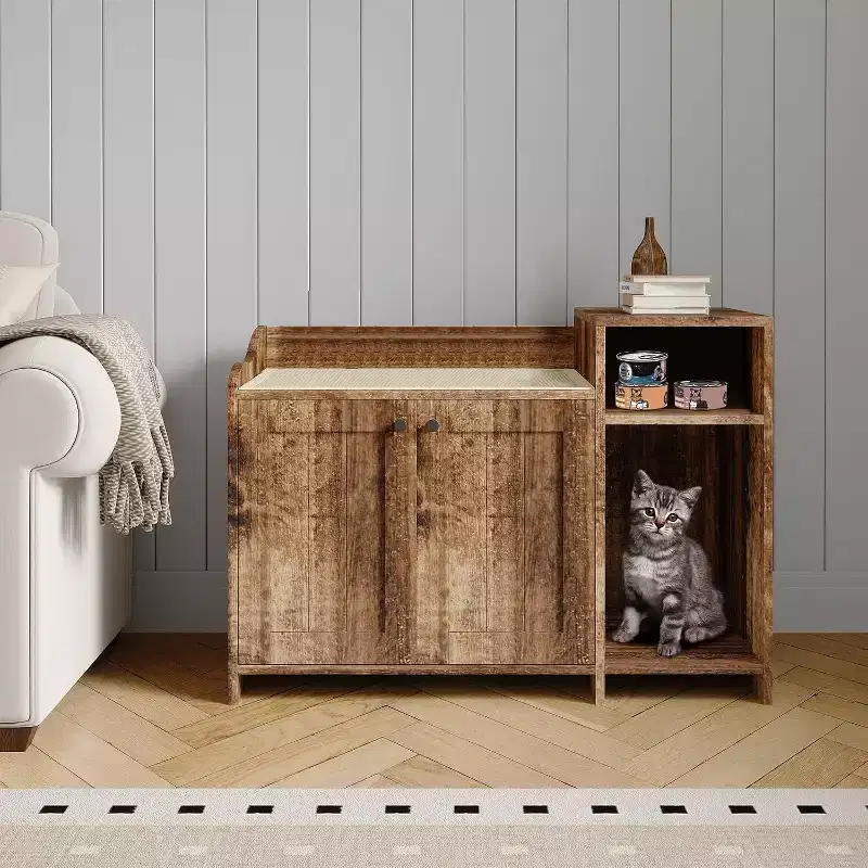 Cat Litter Box Enclosure Furniture, Hidden Litter Box Cabinet with Barn Door, Modern End Table Style, Wooden Pet House, Dog-Proof Design