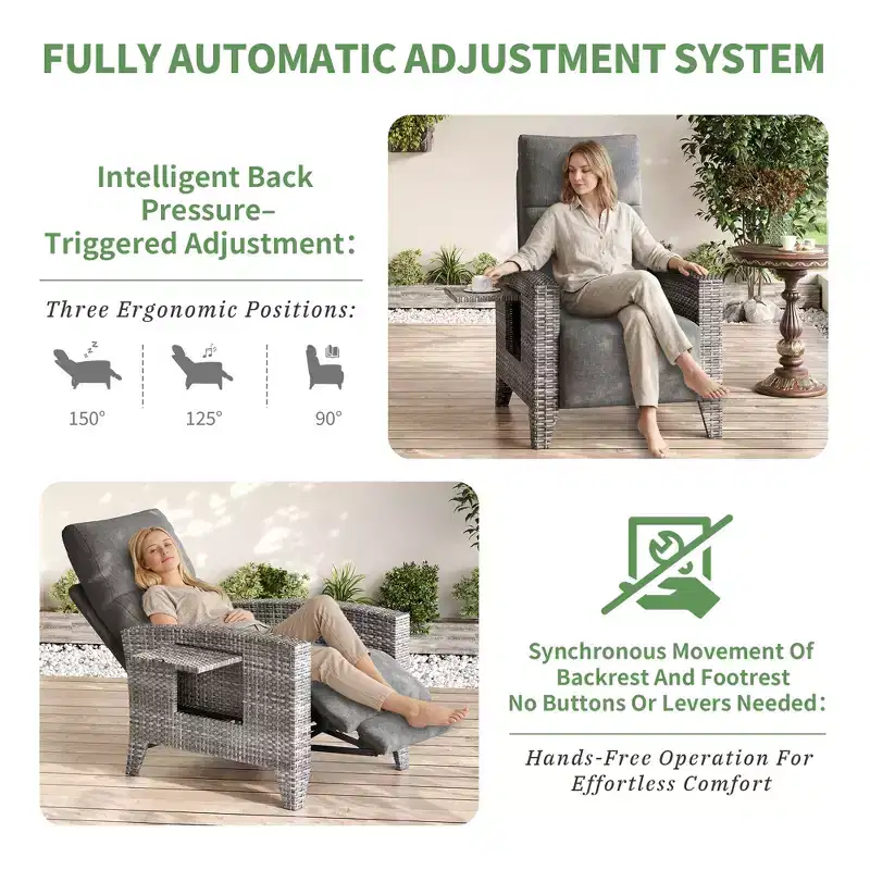Wicker Recliner Chair with Adjustable Back & Footrest,150 Lay Flat Rattan Reclining Patio Chair with Extendable Side Table & Air Pump