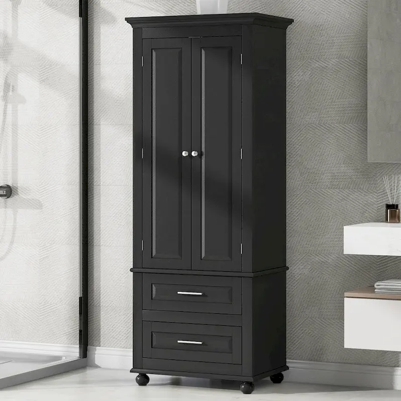 Tall Storage Cabinet with Two Drawers, Black