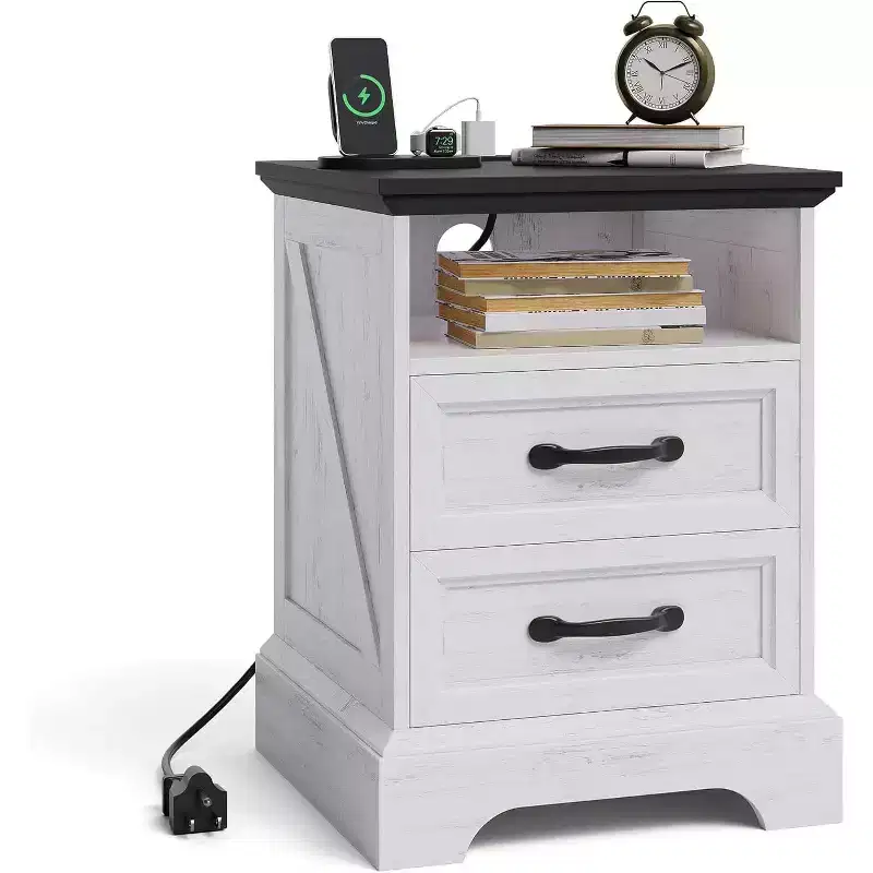 Farmhouse Rustic Nightstands,Modern Wood Night Stands Bedside Tables with 2 Drawers, White Accent Side Tables for Living Room Bedroom