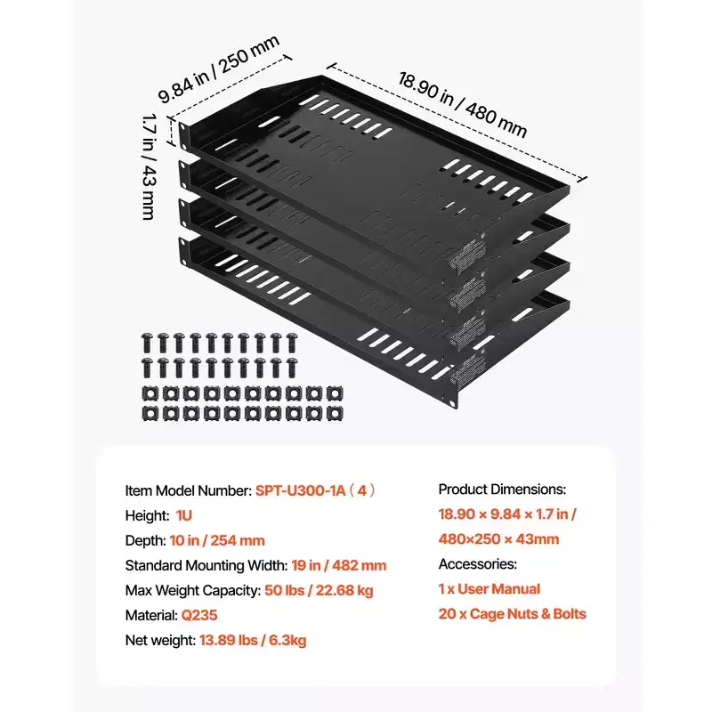 1U Server Rack Shelf, 4 PCS, 50 lbs Vented Cantilever, Wall Mount or Rack Mount Shelf with Tray, 10 in Depth, Black