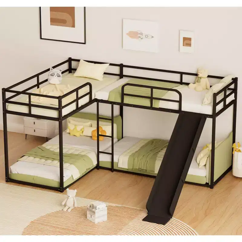 4-Person L-Shaped Bunk Bed with Slide, Modern Design
