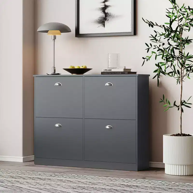 Mid-Century Narrow Hidden Shoe Cabinet with 4 Flip Drawers, Freestanding Shoe Rack for Foyer, Entrances