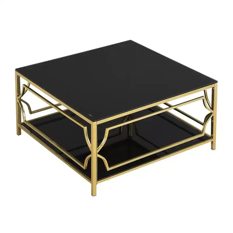 Zeus & Ruta 33.5 Square Glass Coffee Table with Luxe Geometric Metal Frame, Gold Finish & Lower Shelf