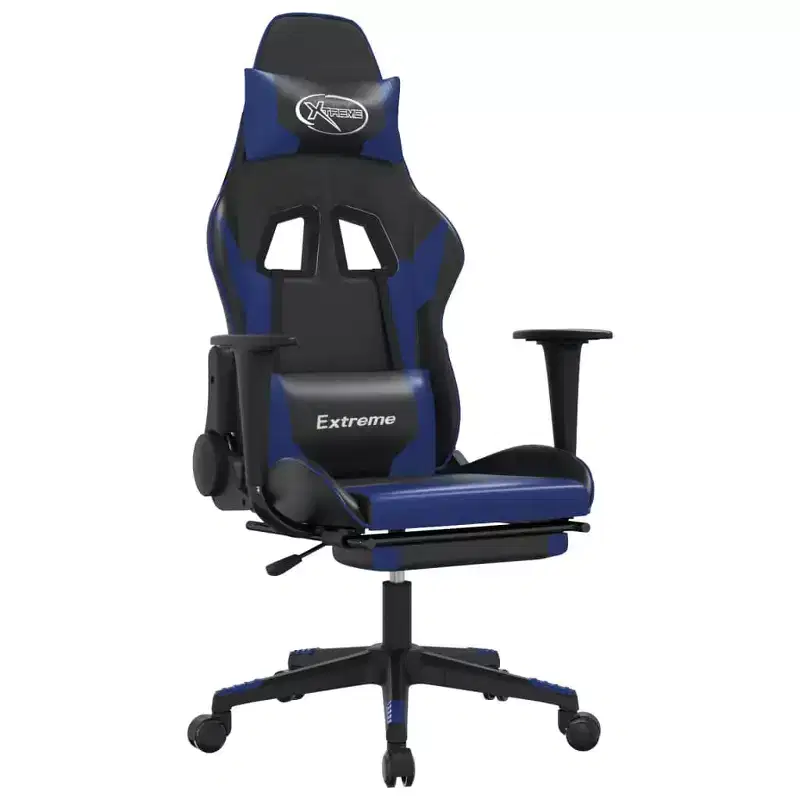 vidaXL Gaming Chair with Footrest, Black and Blue, Faux Leather