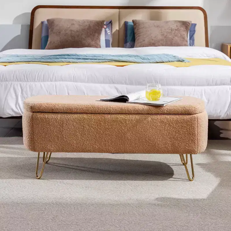 Beige/Blue/Gray/Off-White/Pink Faux Fur Storage Ottoman Bench, Gold Legs, Seats 1