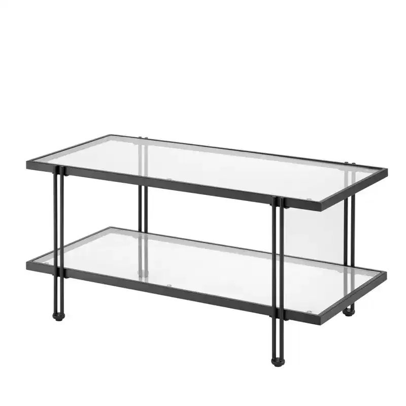 Metal and Glass Coffee Table, Black, 2-Tier, Tempered Glass Shelf, Powder-Coated