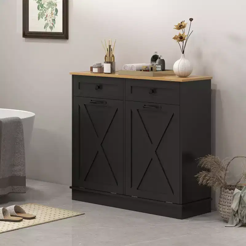 HOMCOM Tilt Out Laundry Hamper Cabinet Bathroom Storage Cabinet with 2 Removable Baskets and 2 Drawers