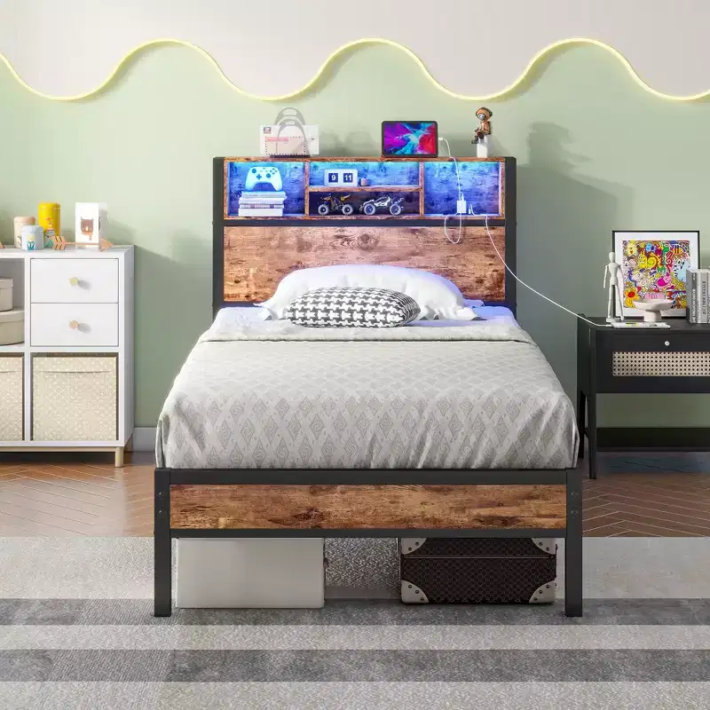 Twin Size Bed Frame with Storage Headboard, Metal Platform Bed with Charging Station, Bookcase Storage
