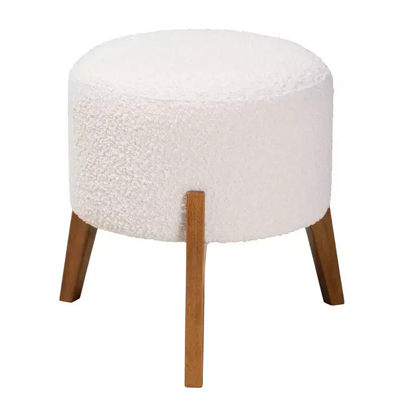 Elkie Fabric and Wood Ottoman Footstool Cream/Walnut Brown - Baxton Studio