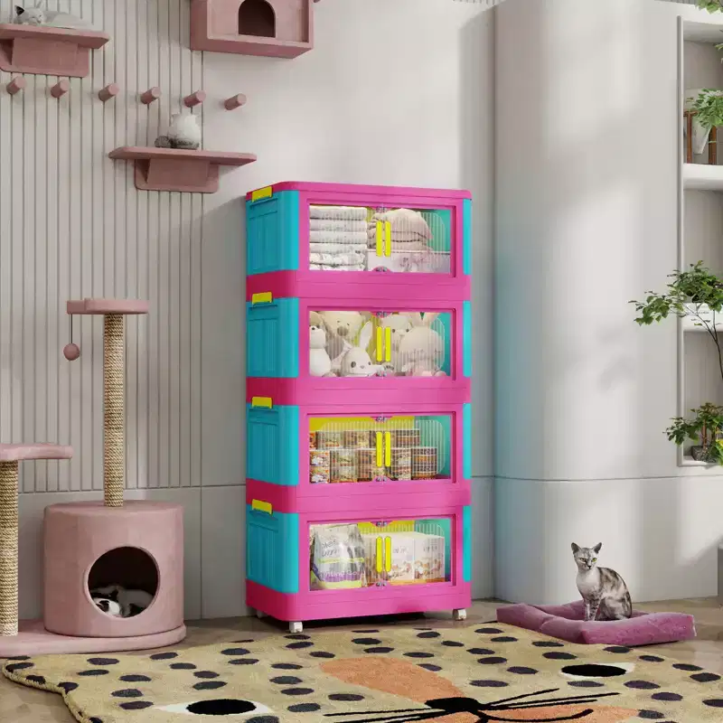 20-inch 4-Tier Folding Storage Cabinet 4 compartments, magnetic-door storage bins Plastic storage cabinet with wheels Blue and pink