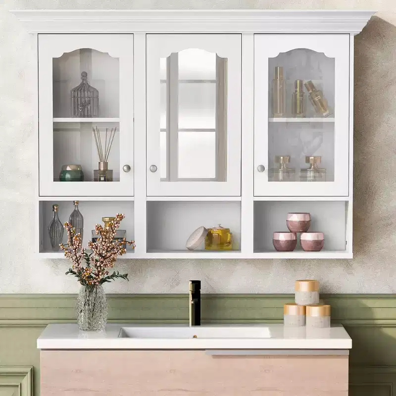 47 Inch Wall Mounted Cabinet with Mirror and Storage Shelves