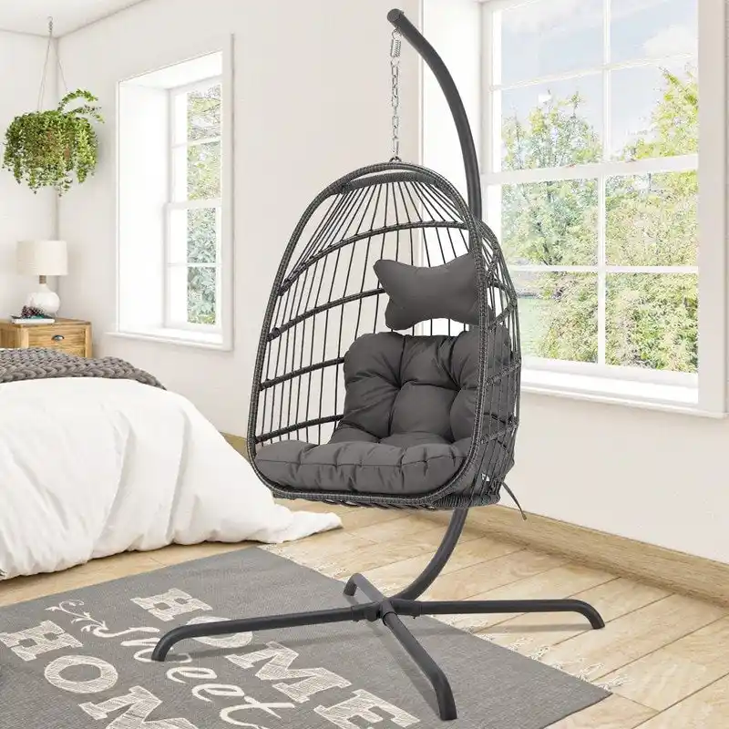 Hanging Egg Chair with Stand, 1-Person, Dark Grey / Light Grey / Beige / Brown / Baby Blue
