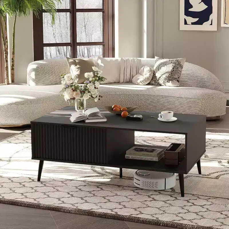 Coffee Table with Storage, Mid Century Modern 2-Tier Wooden Cocktail Table with Wave Sliding Doors