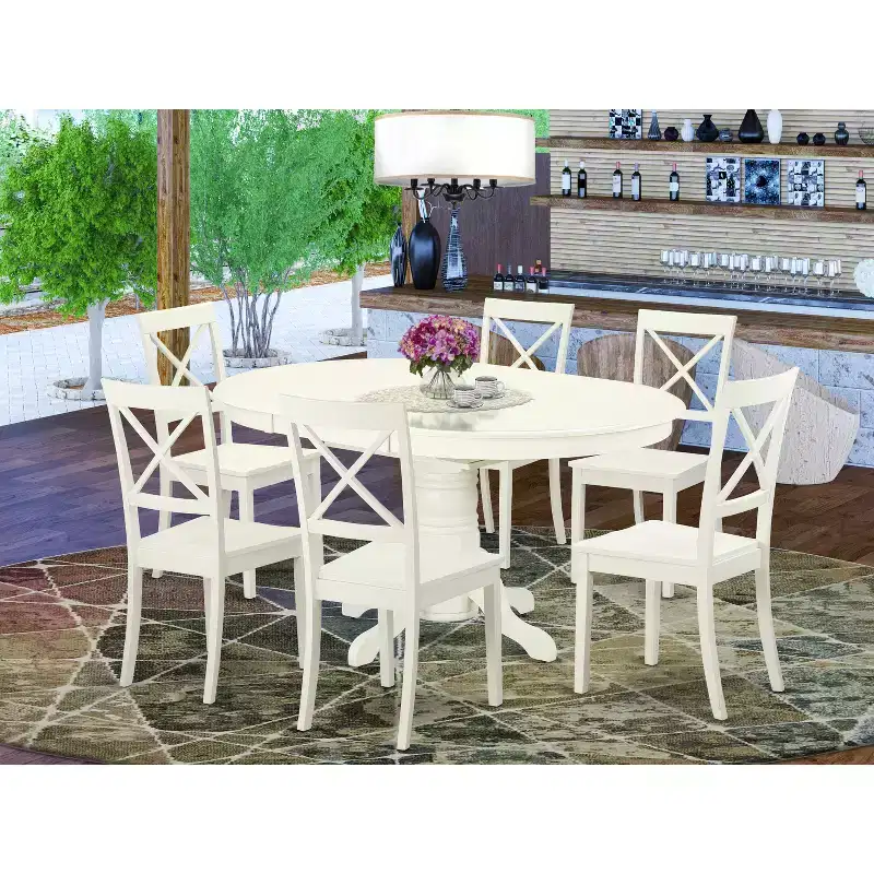 HomeStock Belmont 7 Pc Dining set with a Kitchen Table and 6 Wood Seat Kitchen Chairs in Linen White