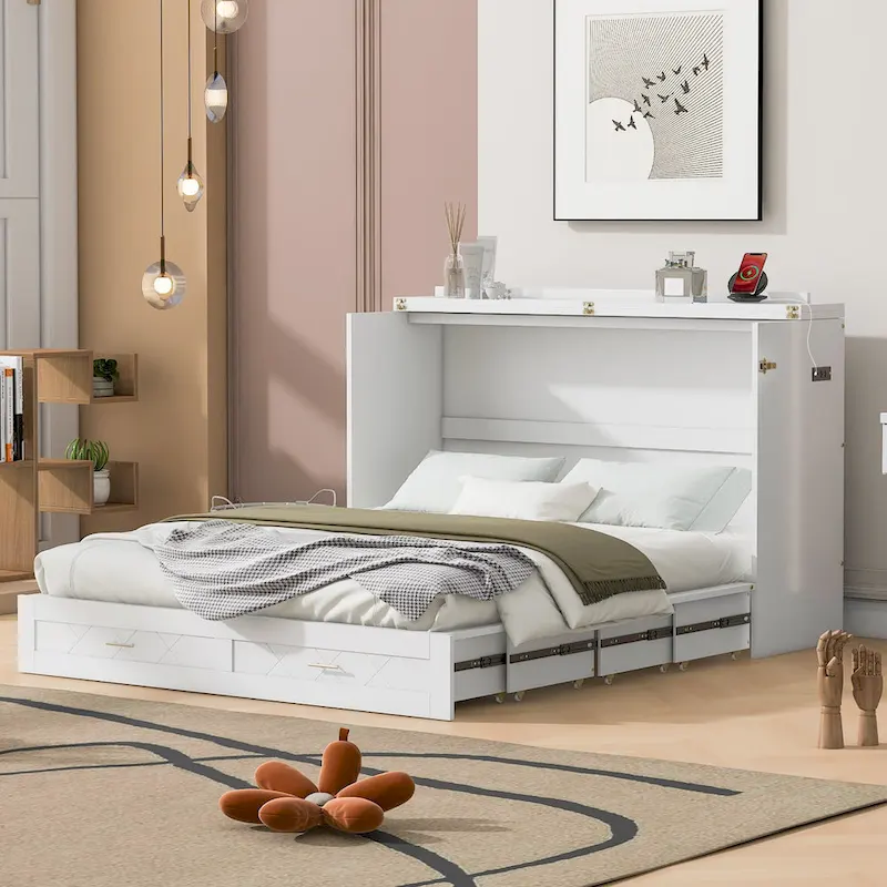 Wooden Loft Murphy Bed with Upholstered Storage Shelf & Desk, Pulley Structure, 600 lb Capacity