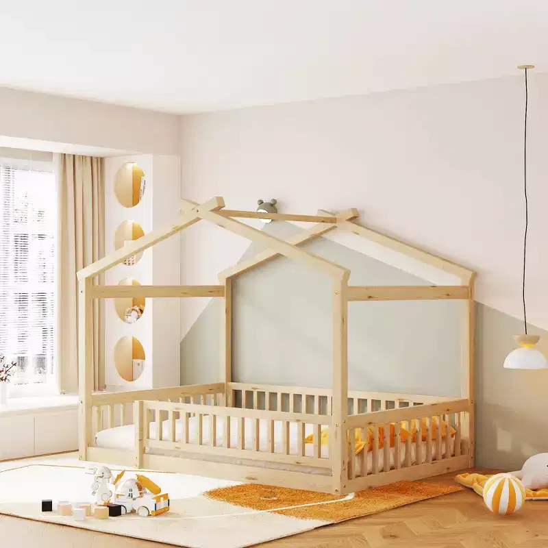 Full Size Montessori House Floor Bed Frame with Fence & Roof, Kids Playhouse Bed, Natural Wood
