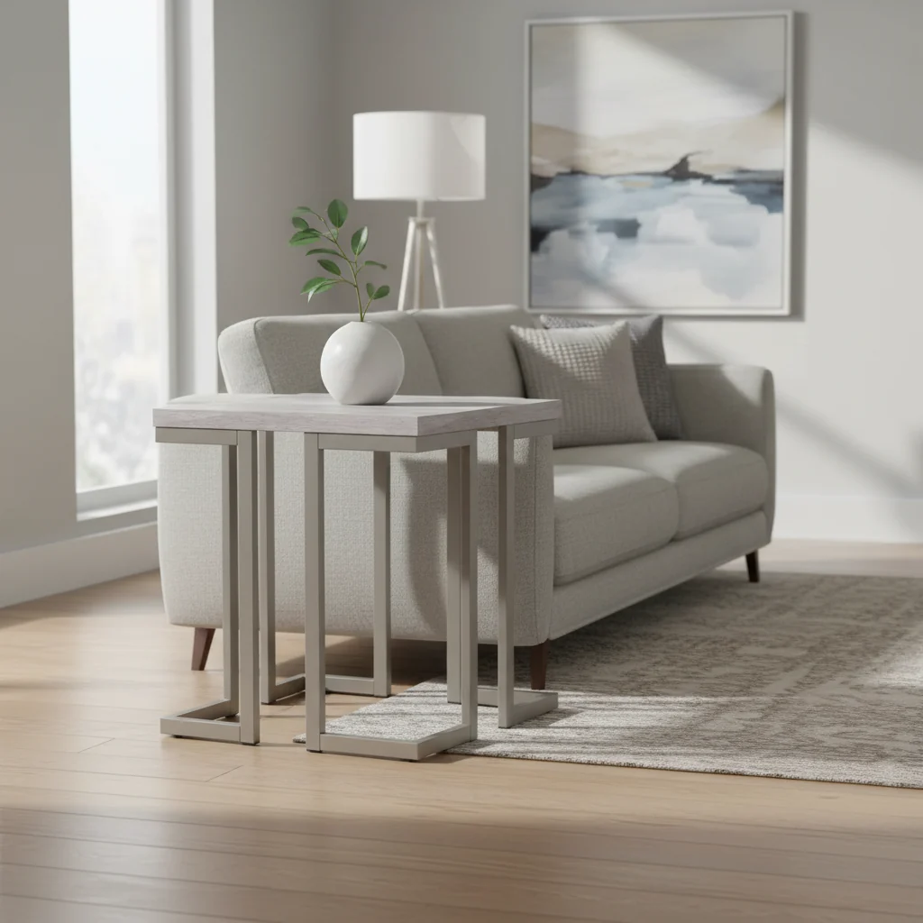 22 Modern End Table - Grey and Pewter with Metal Base