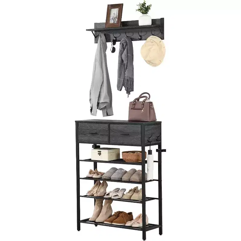 Space-Saving Shoe Rack Organizer, 4-Tier Shelves + 2 Drawers, 31.5 Wide Entryway Storage Unit with Hooks, Modern Design