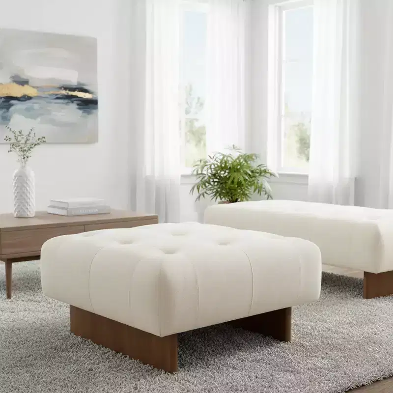 Square Upholstered Tufted Linen Ottoman with Solid Wood Legs, Beige