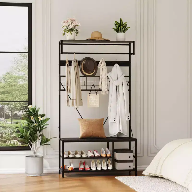 5-in-1 Hall Tree, 72.63 Shoe and Coat Rack with Bench and Hooks for Entryway, Hallway, Bedroom