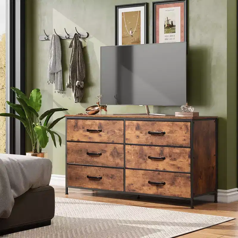 6-Drawer Wide Fabric Dresser and TV Stand, Large Storage Tower Unit with Fabric Bins for Bedroom, Closet, Hallway
