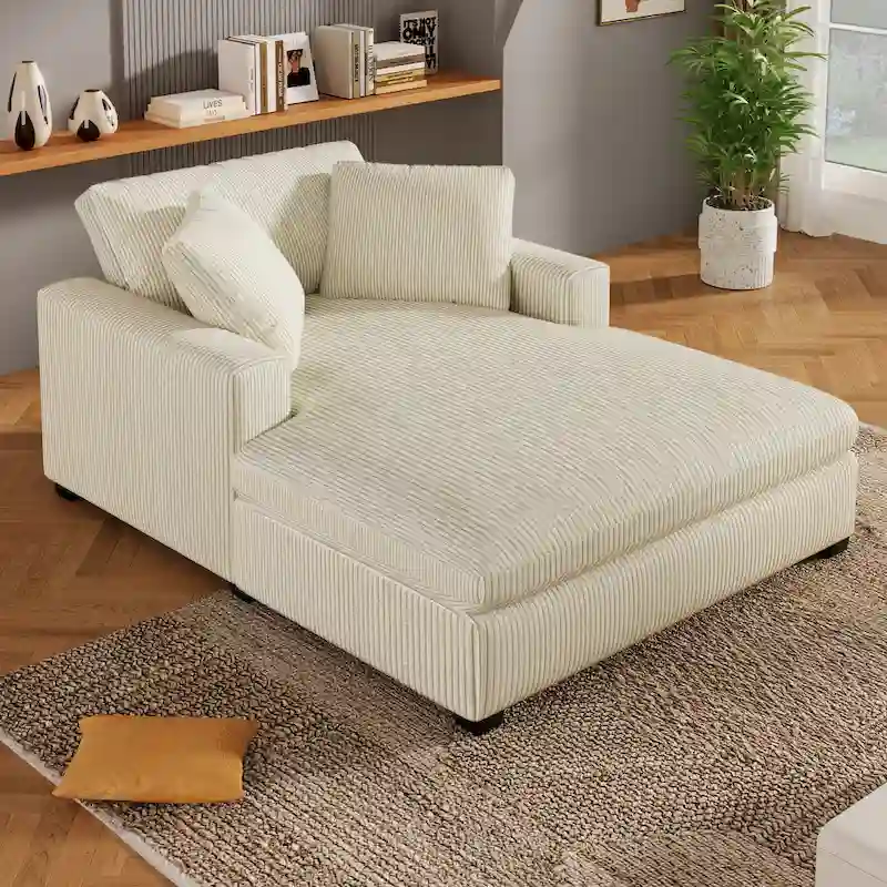 Beige 53.5 Chaise Lounge Chair with Solid Wood Legs and Comfort Pillows