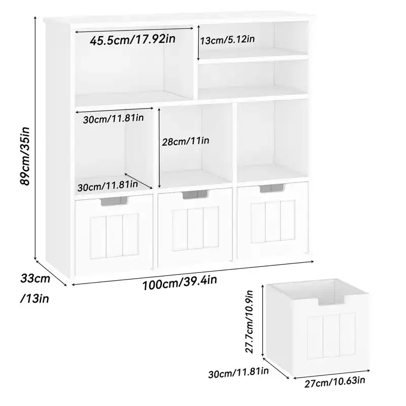 Toy Storage Organizer, Kids Bookcase Toy Chest with 3 Movable Drawers & Hidden Wheels - White (Bedroom/Playroom/Nursery)
