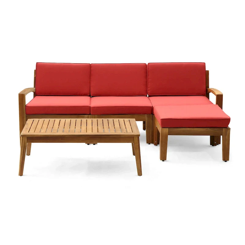 Outdoor L-Sectional Sofa with Coffee Table, Ottoman, Acacia Wood, Red