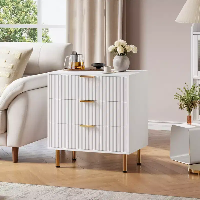 Fluted 3-Drawer Wood Dresser, with Golden Handles for Bedroom, White