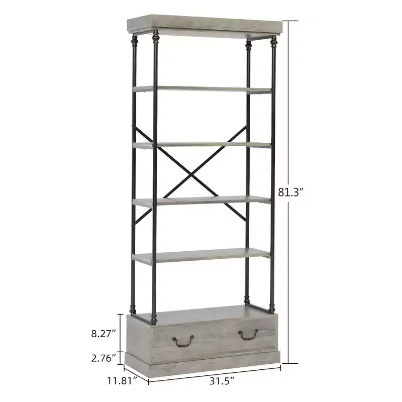 5-Tier Open Bookshelf with Drawer, Gray / Vintage, Metal Frame, For 1