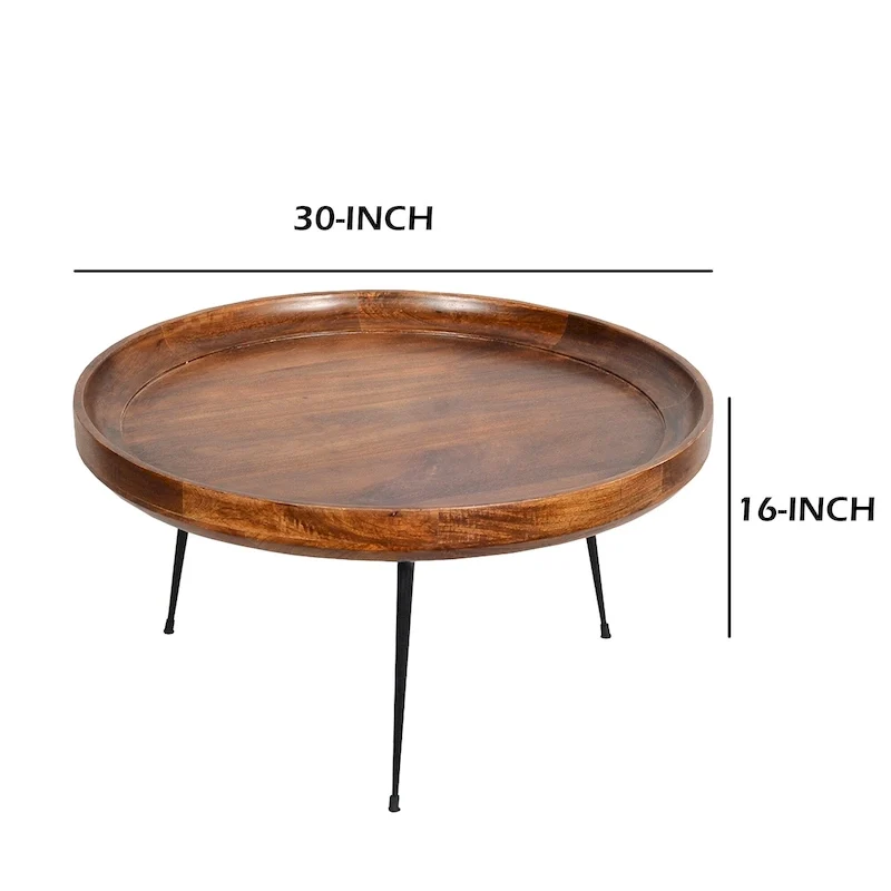 Round Mango Wood Coffee Table with Splayed Metal Legs, Brown and Black