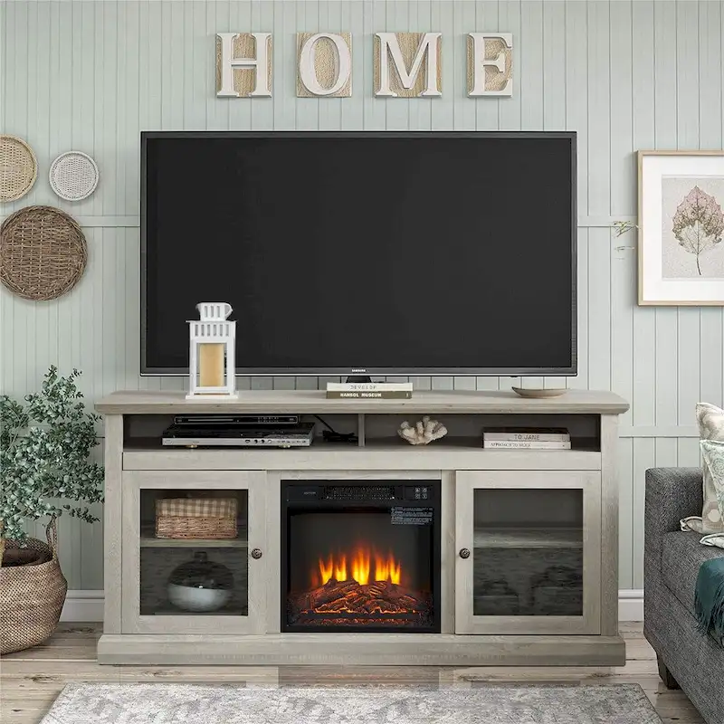 60W Retro Electric Fireplace TV Stand, Adjustable Shelves&Cabinets - 60W*15.75D*29H