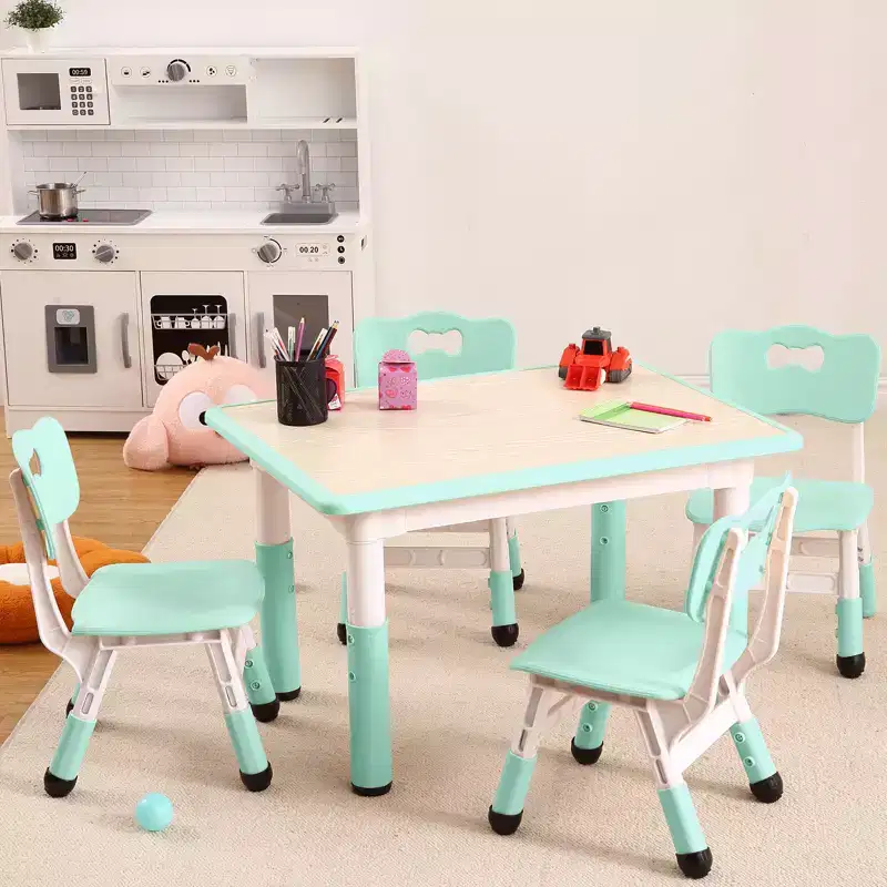 Adjustable Kids Table & 4 Chairs Set  Non-Slip, Graffiti-Resistant, Multi-Activity Desk for Ages 2-10  Home/Daycare/Study Room, Lake Blue