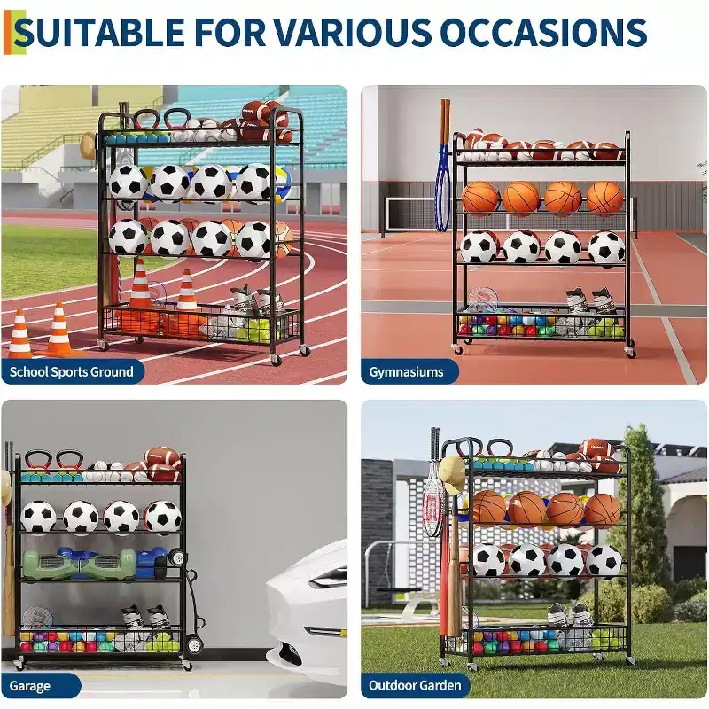 Black 4-Layer Rolling Sports Rack with Hooks – Family Use