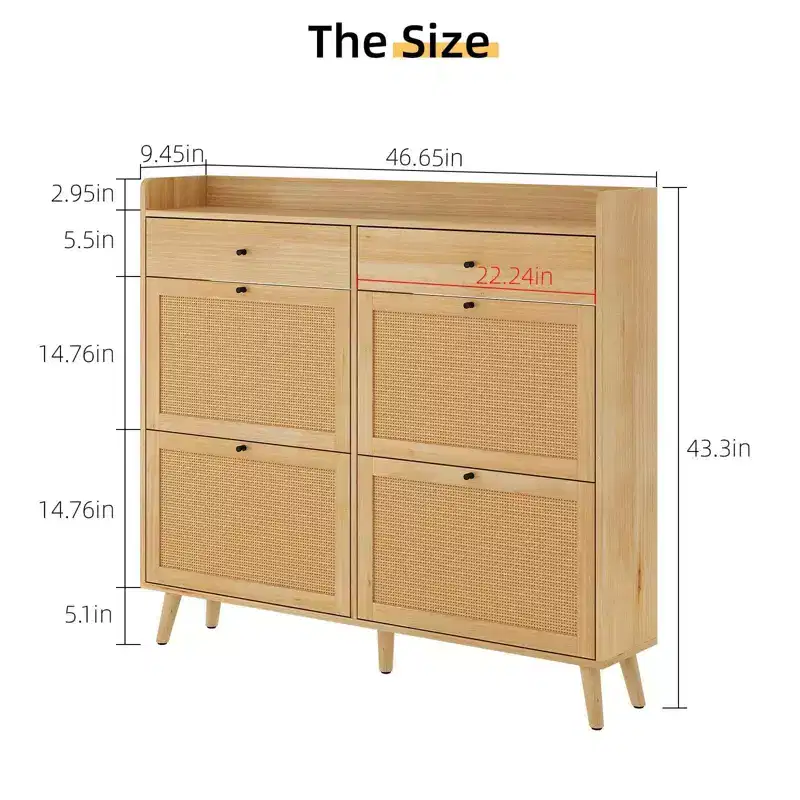 Coolmee Rattan Shoe Cabinet for Entryway with 4 Flip Drawers and 2 Drawer, Narrow Shoe Rack Organizer Hidden Shoe Rack Drawer for Entrance