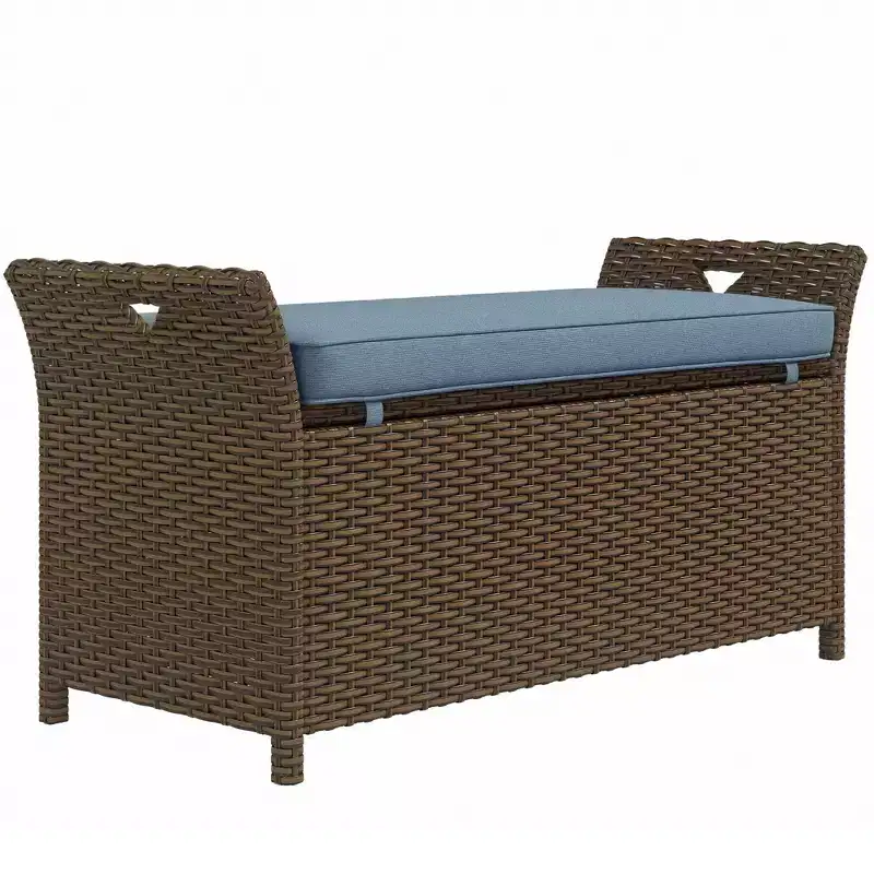 Outsunny 29 Gallon Patio Wicker Storage Bench, Outdoor PE Rattan Patio Furniture, 2-In-1 Footstool Rectangle Basket Box w/ Handles and Cushion