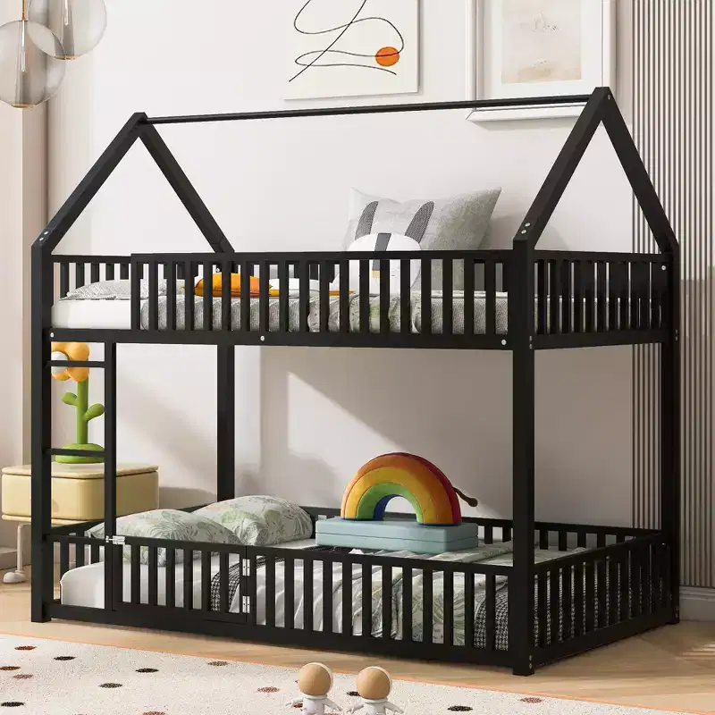 Metal Twin over Twin House Bunk Bed with Fence and Door