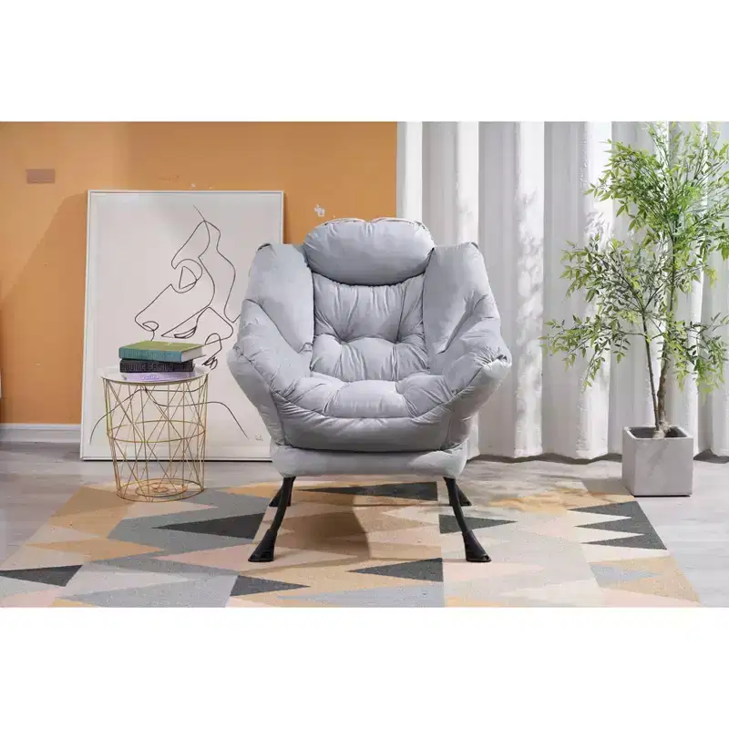 Cotton Fabric Lazy Accent Armchair with Side Pocket and Steel Frame for Living Room