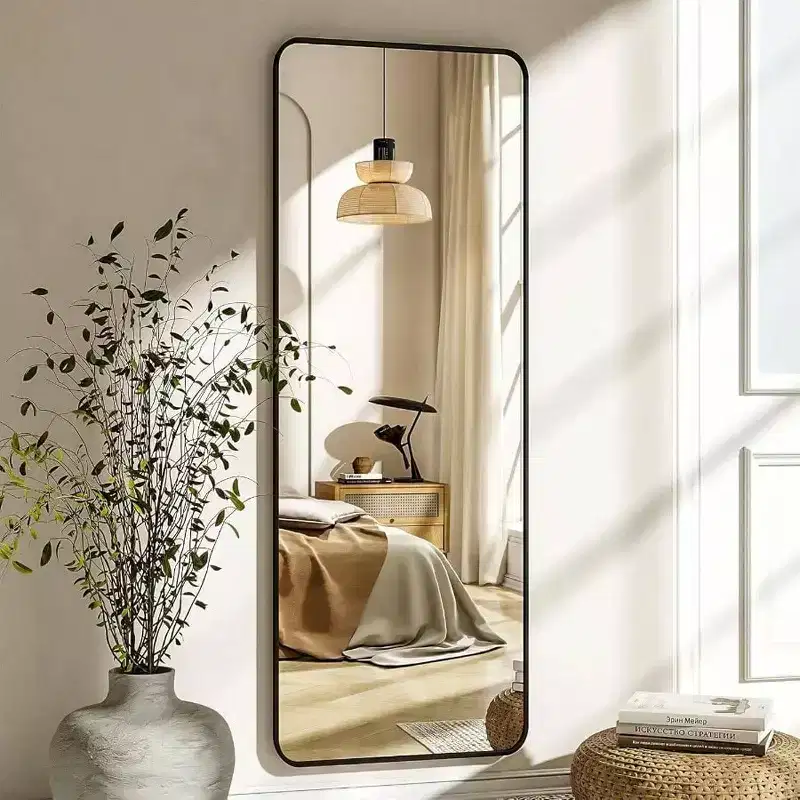 56 inchx 21 inch floor full length mirror standing full body rounded corner rectangle mirrors with stand black bedroom living room