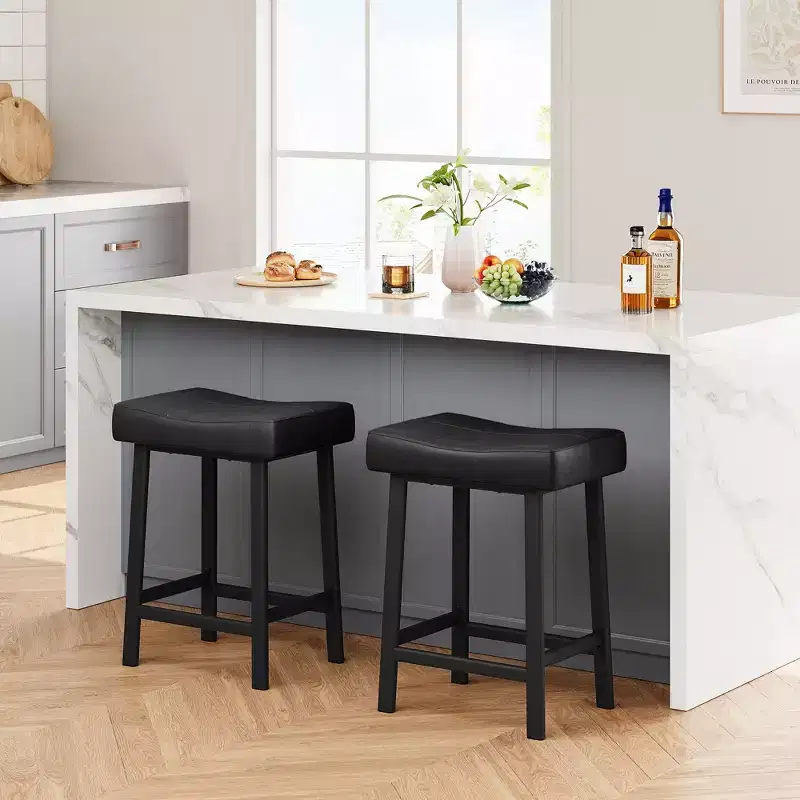 Set of 2 PU Leather Bar Stools | 24 Counter Height Stools with Thick Saddle Seats & Heavy Duty Metal Frame for Kitchen Island, Breakfast Bar