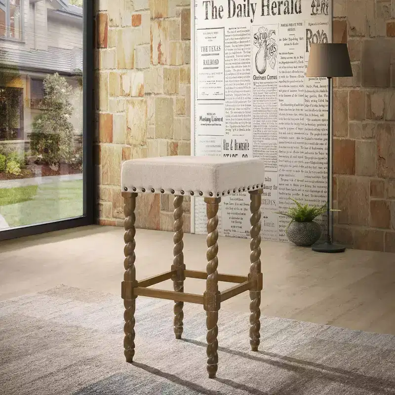Carolina Living 30" Cadmus Barstool Natural Oak: Upholstered Seat, Antique Brass Trim