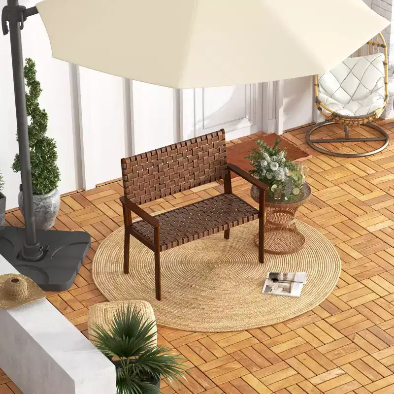 Costway Patio Loveseat All Weather Bench w/Solid Rubber Wood Frame&Hand Woven PU Leather