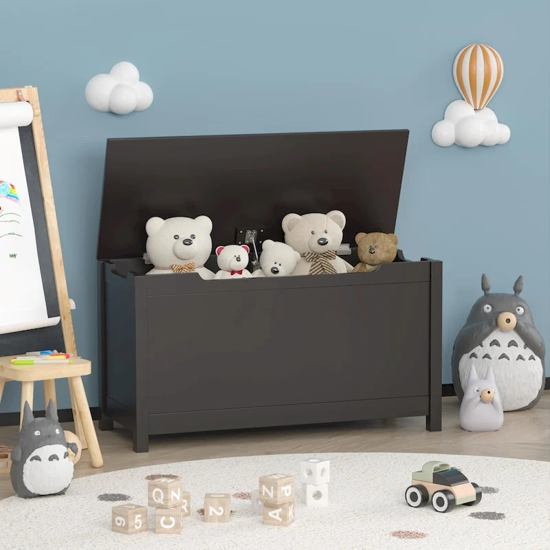 Kids Wooden Toy Box Storage with Safety Hinged Lid for Ages 3+ For Living Room,Dining Room,Entryway