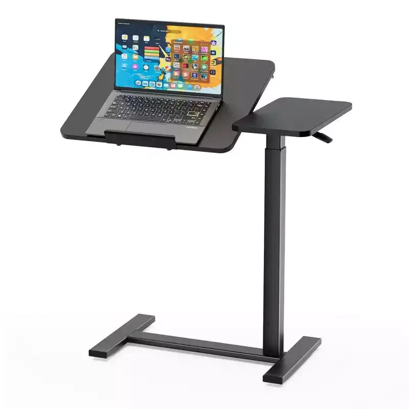 Height Adjustable Overbed Desk with Tilting Desktop, 29.5-43.3'' Pneumatic Lift Desk with Hidden Wheels for Home & Office